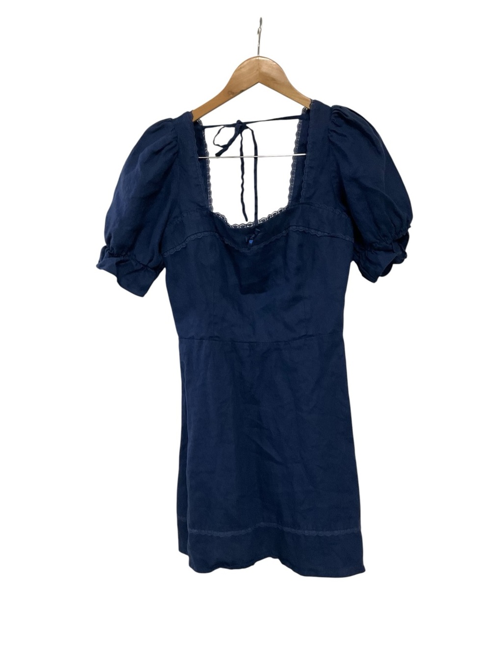 Reformation Evianna Linen Mini Dress Puff Sleeve Navy Blue 10